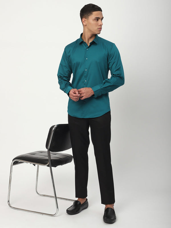 Stitch Hub Ocean Blue Satin Lycra Shirts For Men- Regular Fit With Solid Pattern