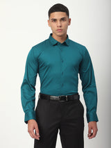 Stitch Hub Ocean Blue Satin Lycra Shirts For Men- Regular Fit With Solid Pattern