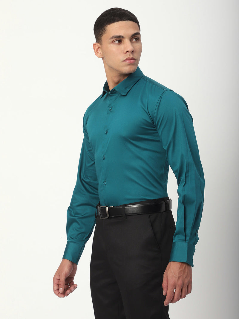 Stitch Hub Ocean Blue Satin Lycra Shirts For Men- Regular Fit With Solid Pattern