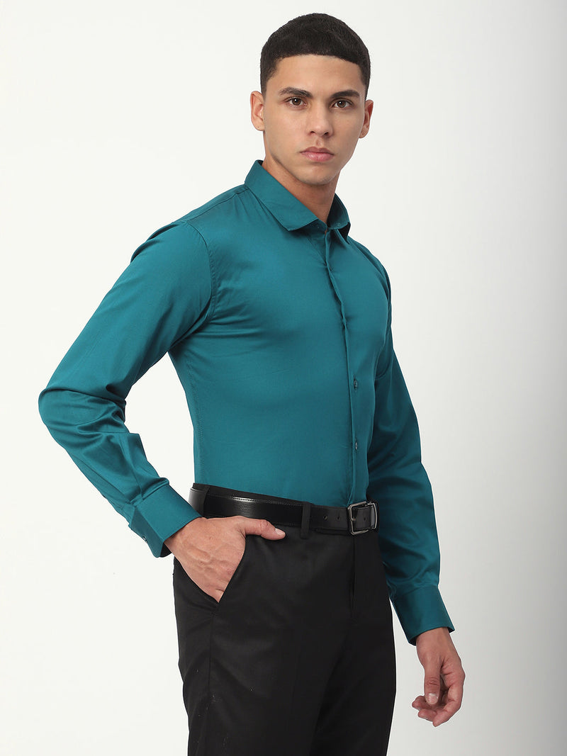 Stitch Hub Ocean Blue Satin Lycra Shirts For Men- Regular Fit With Solid Pattern