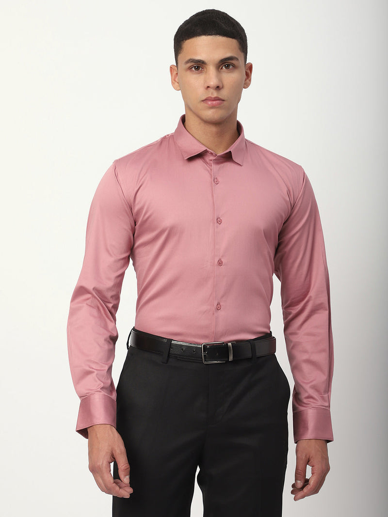 Stitch Hub Coral Pink Satin Lycra Shirts For Men- Regular Fit With Solid Pattern