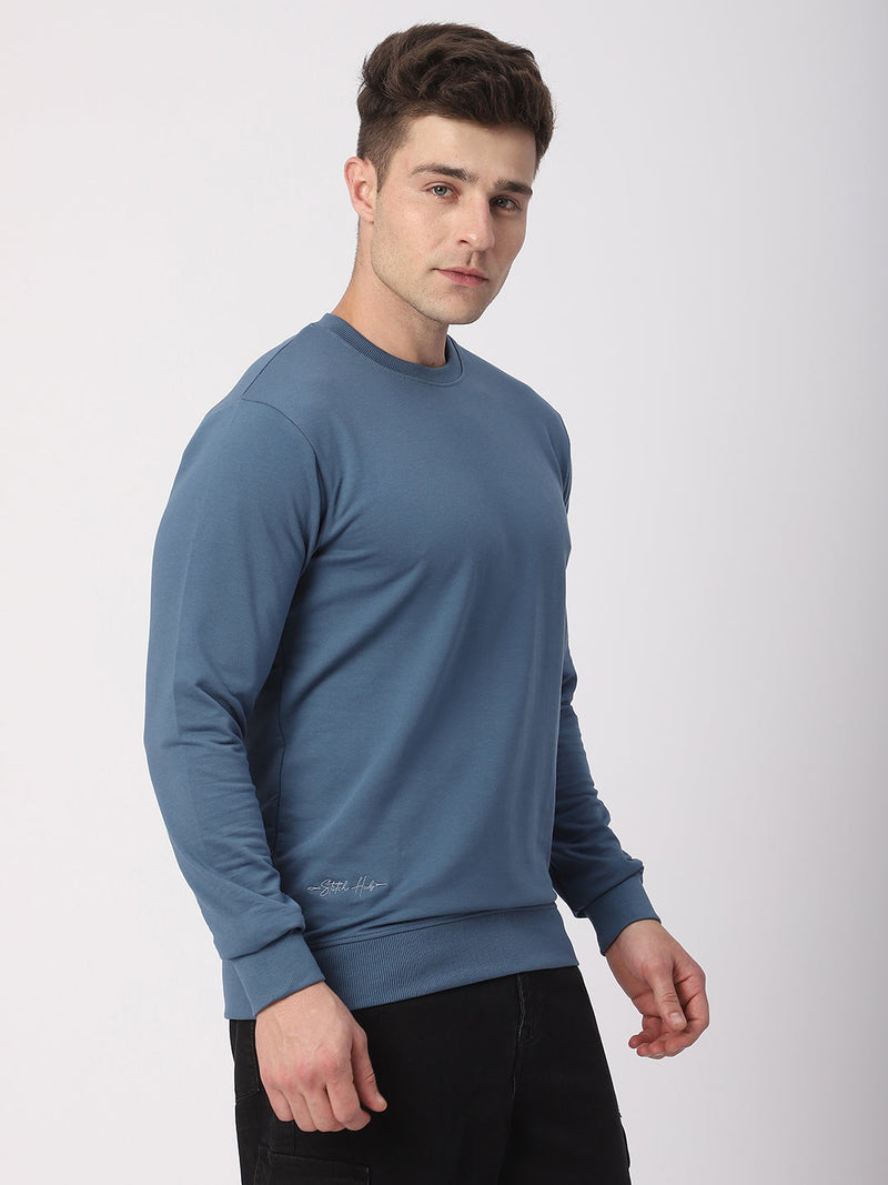 Stitch Hub Denim Loop Knit Sweatshirt For Men - Regular Fit With Solid Pattern