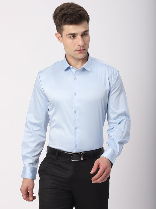 Stitch Hub Sky Blue Satin Lycra Shirts For Men- Regular Fit With Solid Pattern