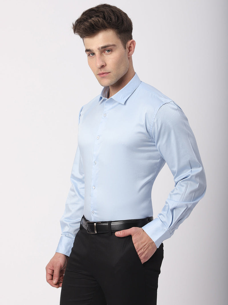 Stitch Hub Sky Blue Satin Lycra Shirts For Men- Regular Fit With Solid Pattern