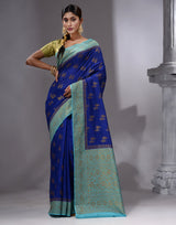 HOUSE OF BEGUM Women's Royal Blue Banarasi Saree with Zari Work and Printed Unstitched Blouse - F2FMART.com