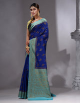 HOUSE OF BEGUM Women's Royal Blue Banarasi Saree with Zari Work and Printed Unstitched Blouse - F2FMART.com