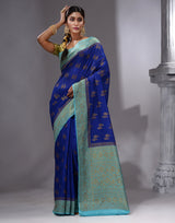 HOUSE OF BEGUM Women's Royal Blue Banarasi Saree with Zari Work and Printed Unstitched Blouse - F2FMART.com