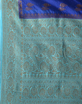 HOUSE OF BEGUM Women's Royal Blue Banarasi Saree with Zari Work and Printed Unstitched Blouse - F2FMART.com