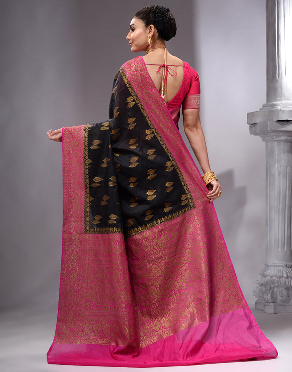 HOUSE OF BEGUM Women's Black Banarasi Saree with Zari Work and Printed Unstitched Blouse - F2FMART.com