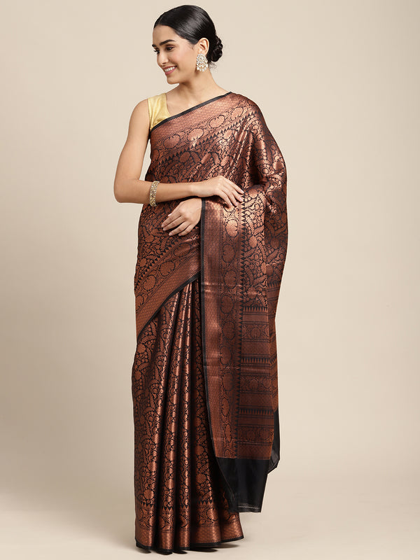 HOUSE OF BEGUM Womens Brown Copper Zari Kanjivaram Silk Saree With Blouse Piece