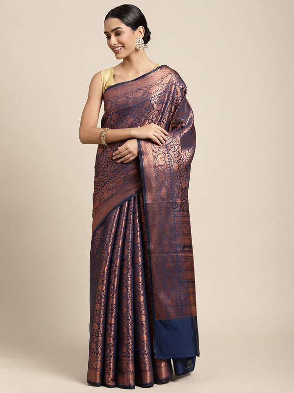 HOUSE OF BEGUM Womens Navy Blue Copper Zari Kanjivaram Silk Saree With Blouse Piece