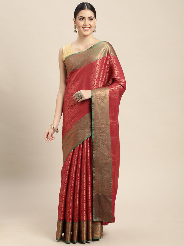 HOUSE OF BEGUM Womens Maroon Copper Zari Kanjivaram Silk Saree With Blouse Piece