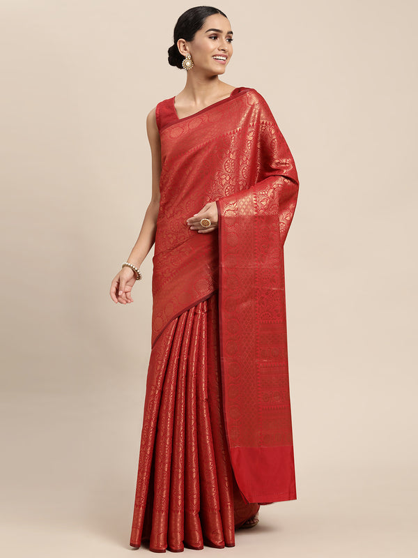 HOUSE OF BEGUM Womens Red Copper Zari Kanjivaram Silk Saree With Blouse Piece