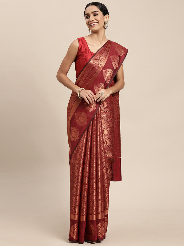 HOUSE OF BEGUM Womens Maroon Copper Zari Kanjivaram Silk Saree With Blouse Piece