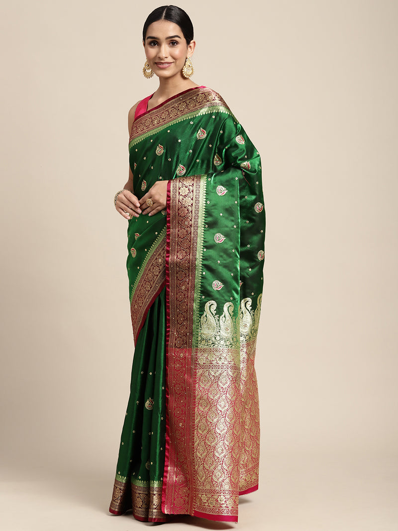 HOUSE OF BEGUM Womens Dark Green Banarasi Katan Silk Saree With Blouse Piece