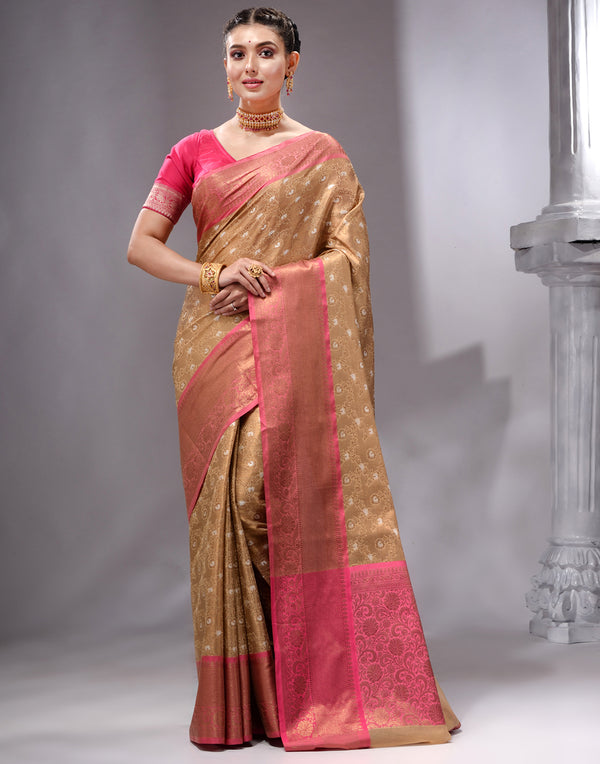 HOUSE OF BEGUM Women's Tussar Woven Banarasi Saree with Zari Work and Printed Unstitched Blouse - F2FMART.com