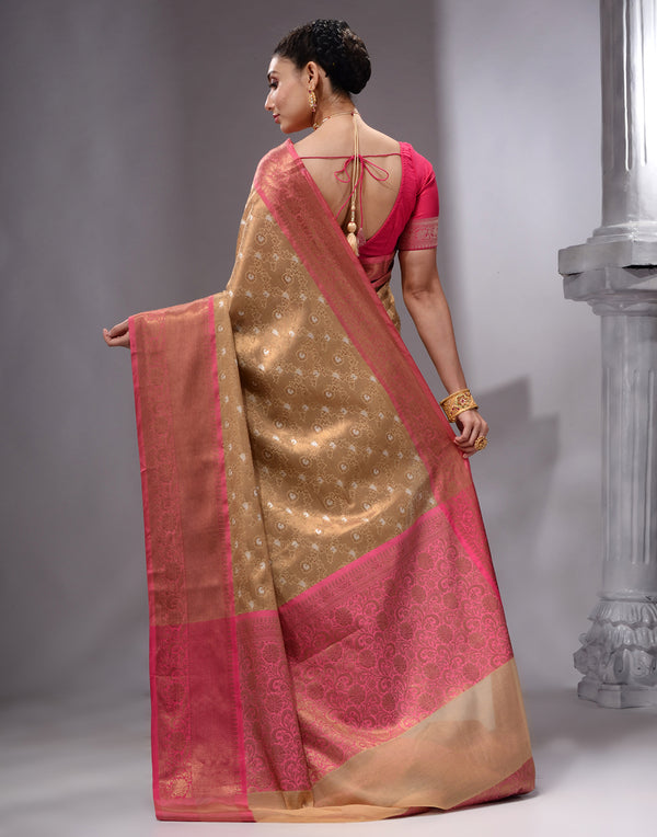 HOUSE OF BEGUM Women's Tussar Woven Banarasi Saree with Zari Work and Printed Unstitched Blouse - F2FMART.com