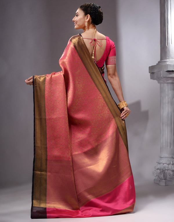 HOUSE OF BEGUM Women's Rani Pink Banarasi Saree with Zari Work and Printed Unstitched Blouse - F2FMART.com