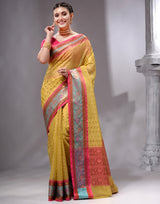 HOUSE OF BEGUM Women's Light Yellow Banarasi Saree with Zari Work and Printed Unstitched Blouse - F2FMART.com