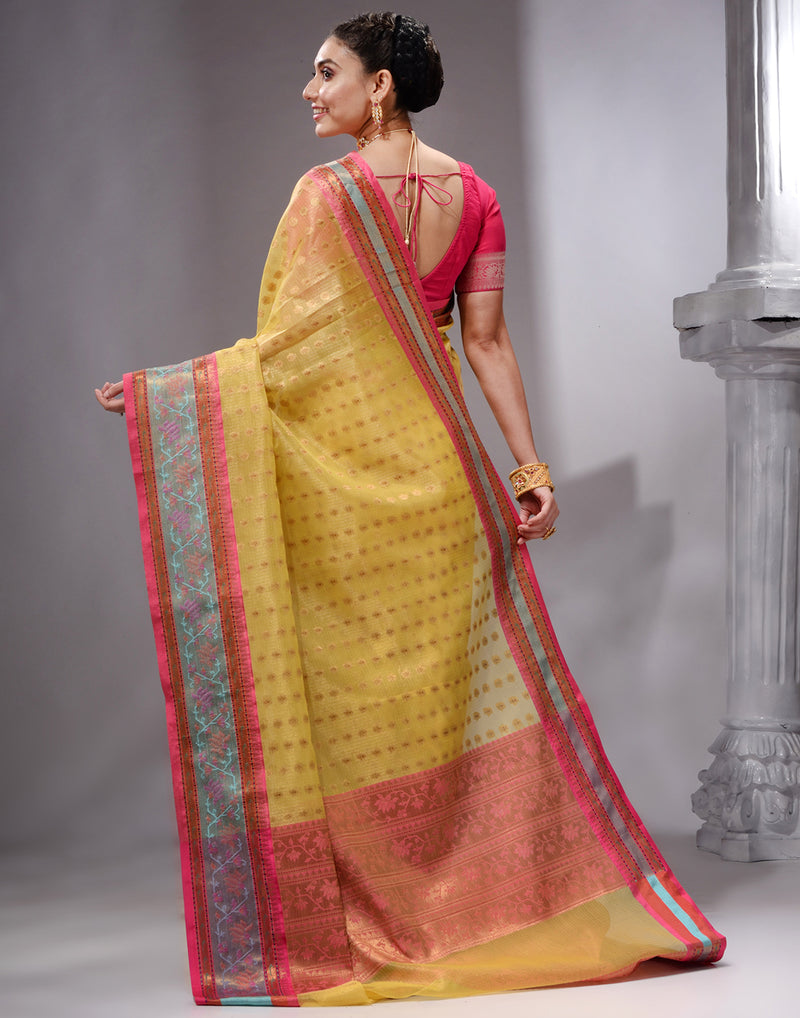 HOUSE OF BEGUM Women's Light Yellow Banarasi Saree with Zari Work and Printed Unstitched Blouse - F2FMART.com