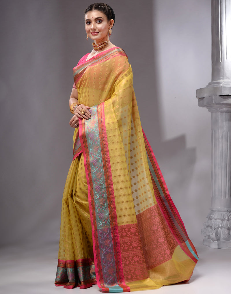 HOUSE OF BEGUM Women's Light Yellow Banarasi Saree with Zari Work and Printed Unstitched Blouse - F2FMART.com