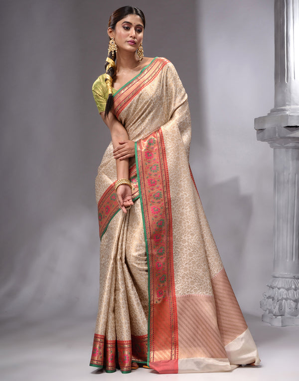 HOUSE OF BEGUM Women's White Banarasi Saree with Zari Work and Printed Unstitched Blouse - F2FMART.com