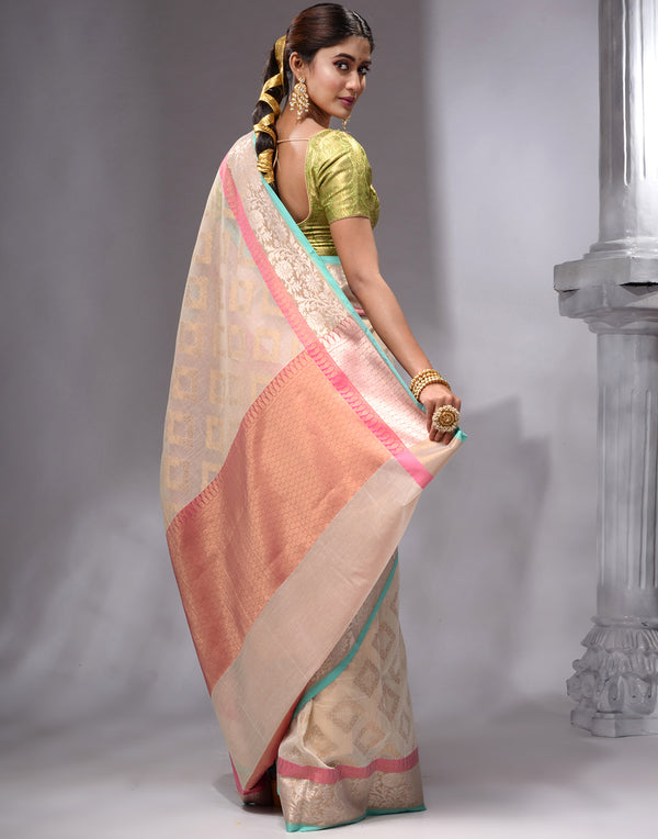 HOUSE OF BEGUM Women's Beige Cotton Woven Saree with Zari Work and Unstitched Printed Blouse - F2FMART.com