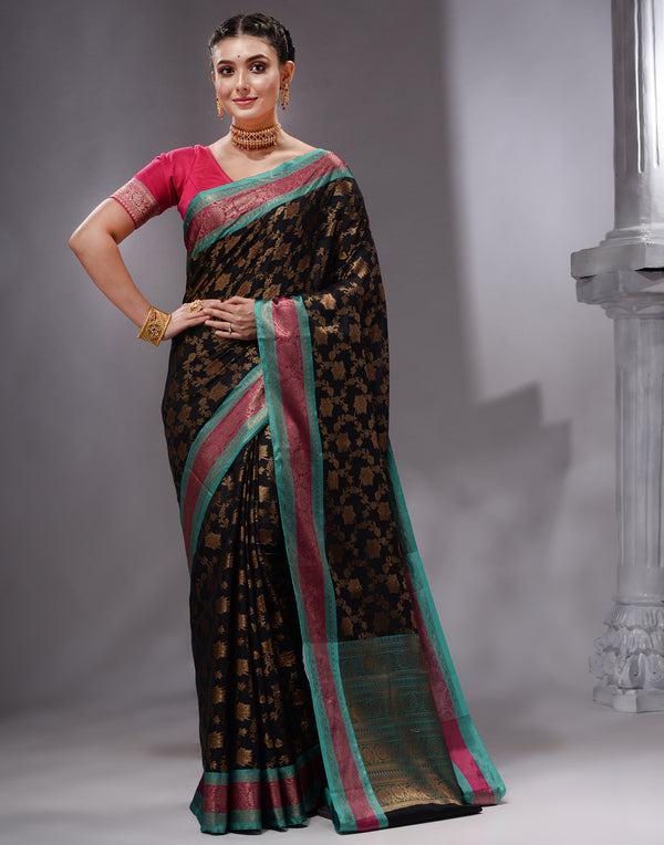 HOUSE OF BEGUM Women's Black Cotton Woven Saree with Zari Work and Unstitched Printed Blouse - F2FMART.com