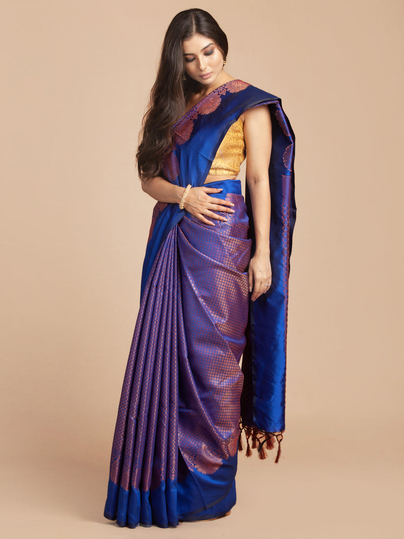 HOUSE OF BEGUM Womens Blue Kubera Pattu Silk Saree With Blouse Piece