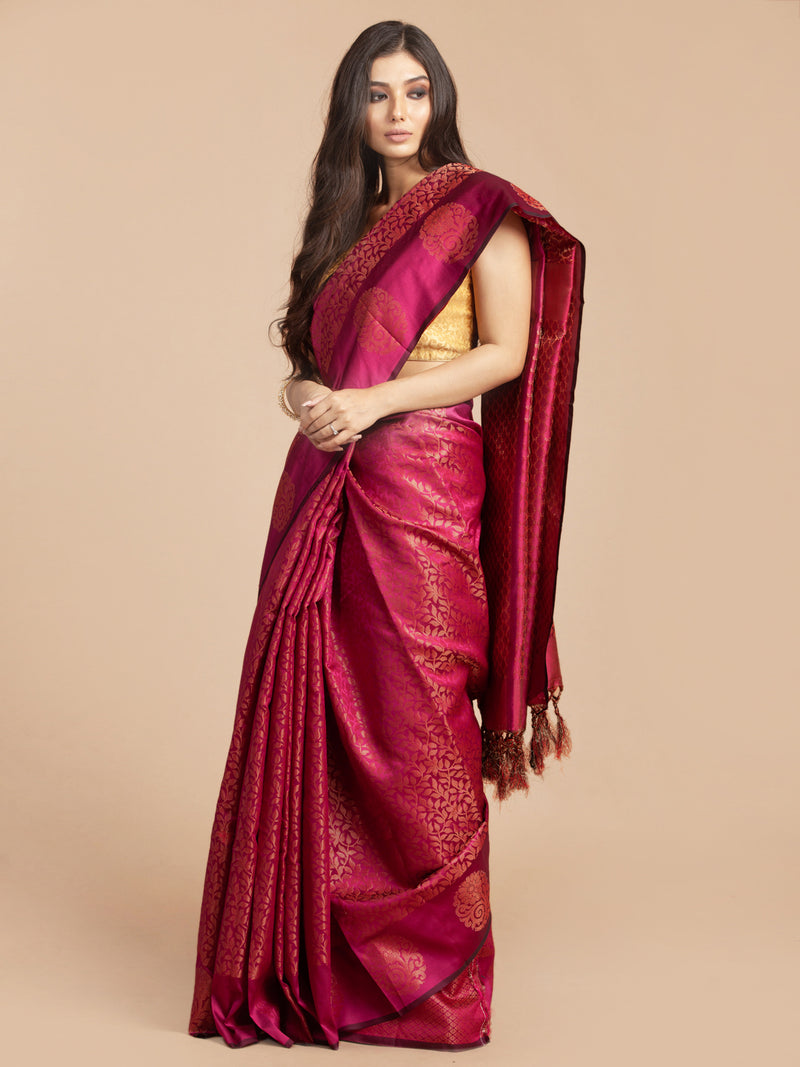 HOUSE OF BEGUM Womens Rani Pink Kubera Pattu Silk Saree With Blouse Piece