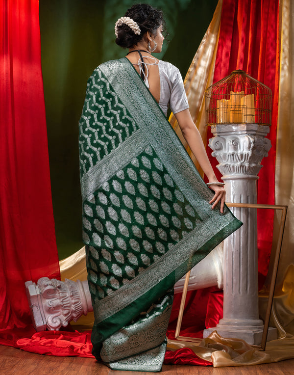 HOUSE OF BEGUM Katan Silk Bottle Green With Silver Zari Work with Blouse Piece - F2FMART.com