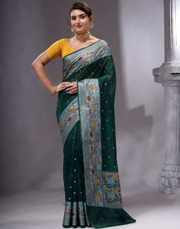 HOUSE OF BEGUM Women's Bottle Green Georgette Zari Work Saree with Unstitched Embroidered Blouse - F2FMART.com