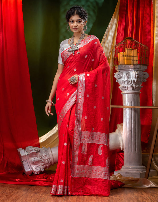 HOUSE OF BEGUM Shiffon Khaddi Red Saree With Silver Zari with Blouse Piece - F2FMART.com