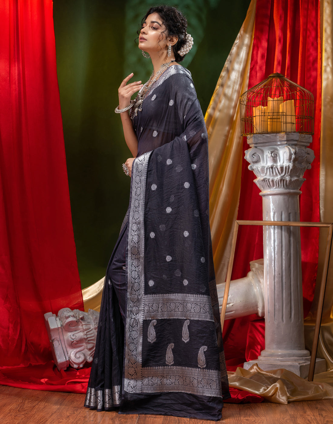 Buy Black Georgette Saree With An Unstitched Blouse ANd Beautified Using  Swarovski Stonework On The Border