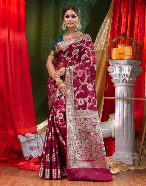 HOUSE OF BEGUM Georgette Saree Wine With Meena Work with Blouse Piece - F2FMART.com