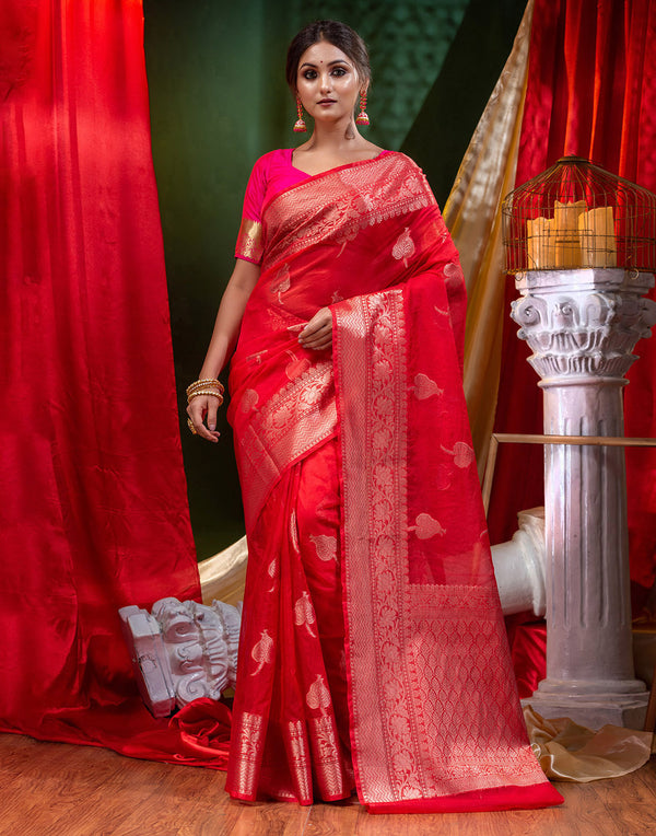 HOUSE OF BEGUM Organza Saree Red With Rose Gold Zari with Blouse Piece - F2FMART.com