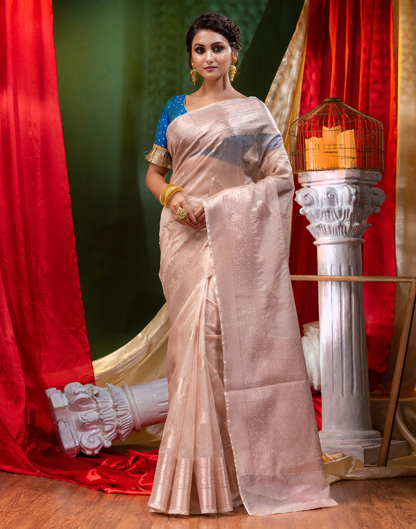 HOUSE OF BEGUM Handloom Beige Organza Saree with Blouse Piece - F2FMART.com