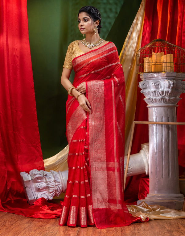 HOUSE OF BEGUM Handloom Red Organza Saree with Blouse Piece - F2FMART.com