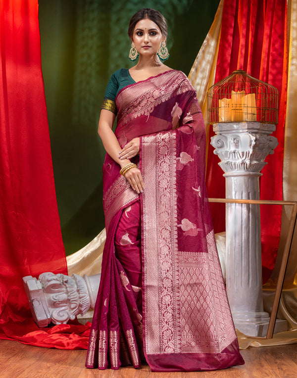 HOUSE OF BEGUM Handloom Wine Organza Saree with Blouse Piece - F2FMART.com