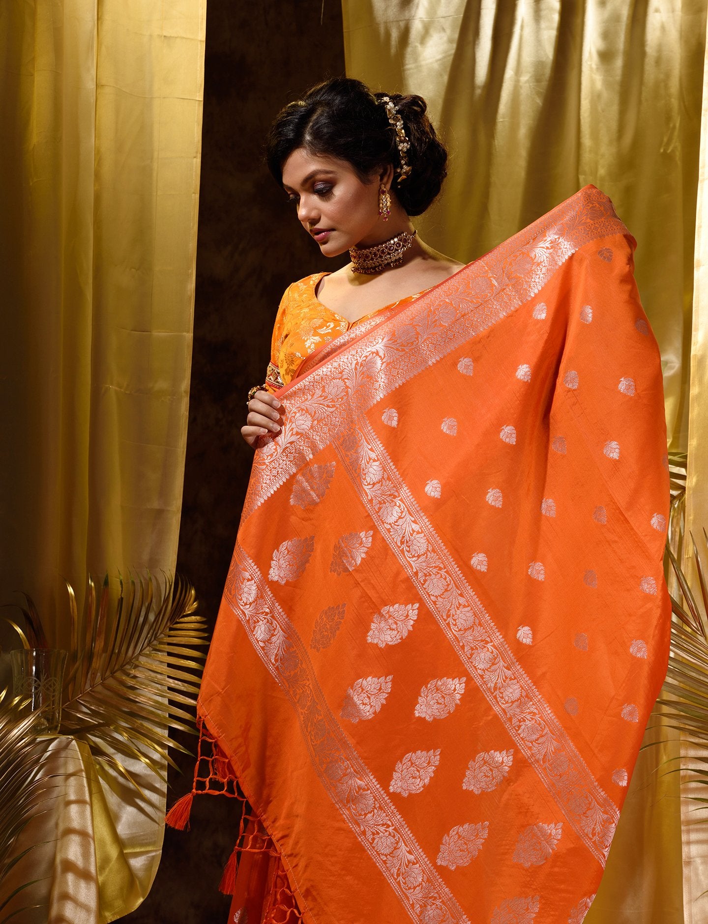 Women's Orange ORGANZA Siroski Stone Work Traditional Tassle Saree - Sangam  Prints | Saree designs, Bridal silk saree, Saree