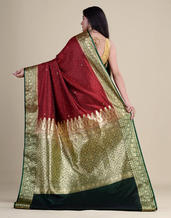 HOUSE OF BEGUM Satin Silk Maroon Saree With All Over Floral Jacquard Weave and Stone Work Embellished with Blouse Piece