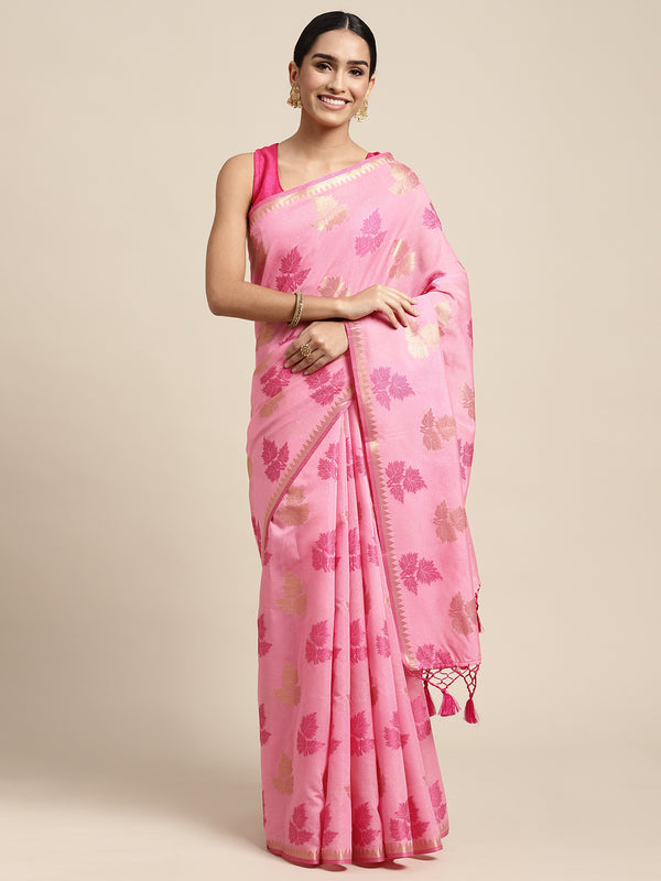 HOUSE OF BEGUM Womens Pink Motif Weave Lightweight Chanderi Banarasi Silk Saree With Blouse Piece