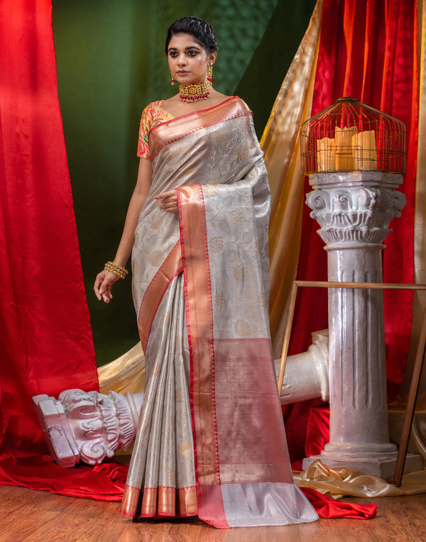 HOUSE OF BEGUM Kanjivaram Silk Gray Saree with Blouse Piece