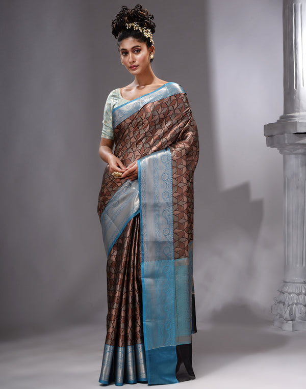 HOUSE OF BEGUM Women's Brown  Linen Woven Zari Work Saree with Unstitched Printed Blouse - F2FMART.com