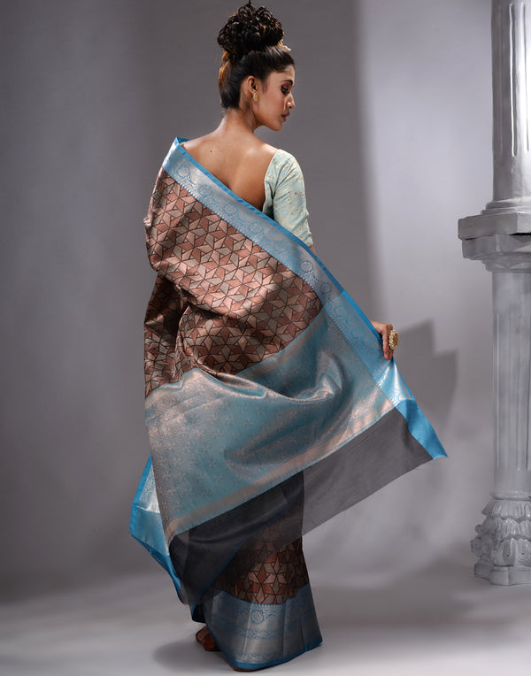 HOUSE OF BEGUM Women's Brown  Linen Woven Zari Work Saree with Unstitched Printed Blouse - F2FMART.com