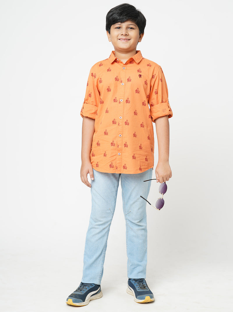 Urban Scottish Boys Animal Print Casual Orange Shirt