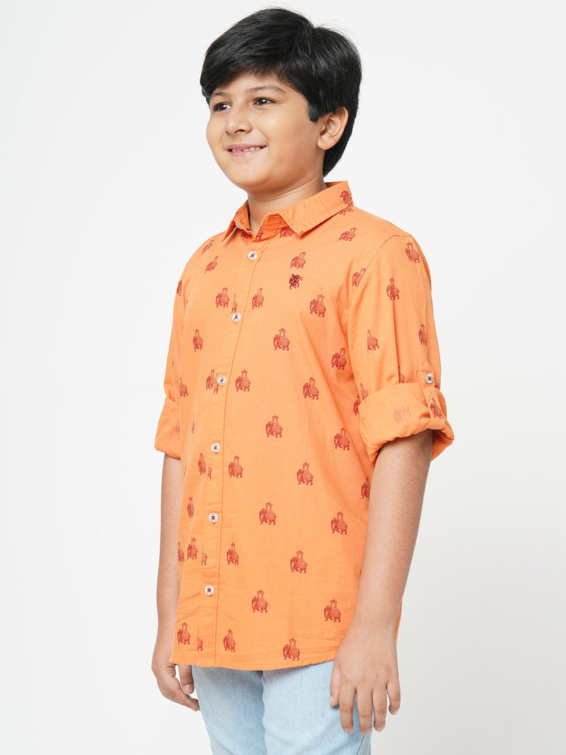 Urban Scottish Boys Animal Print Casual Orange Shirt